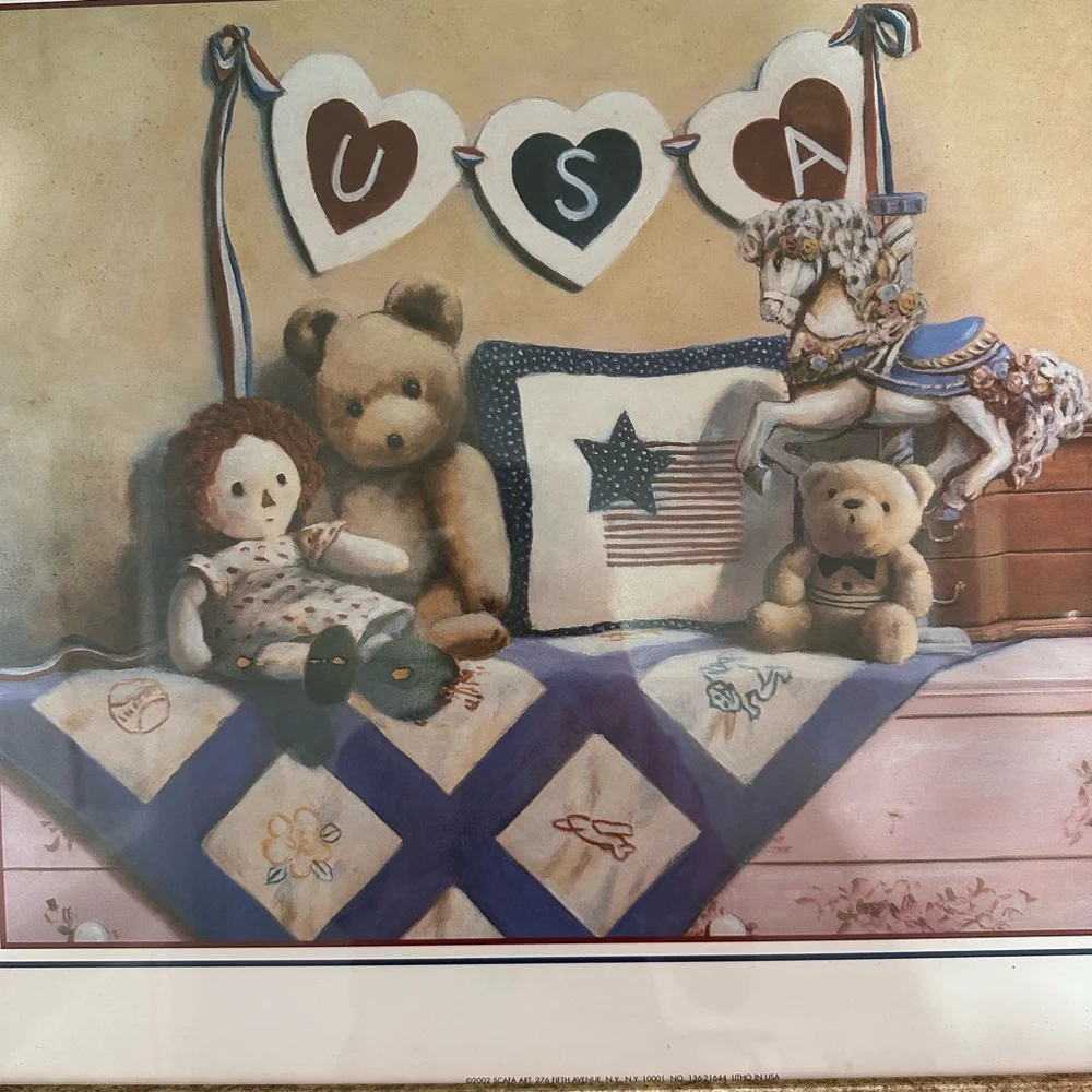 Scafa Art 2002 Framed USA Teddy Bear Print 24x20 Multi-color